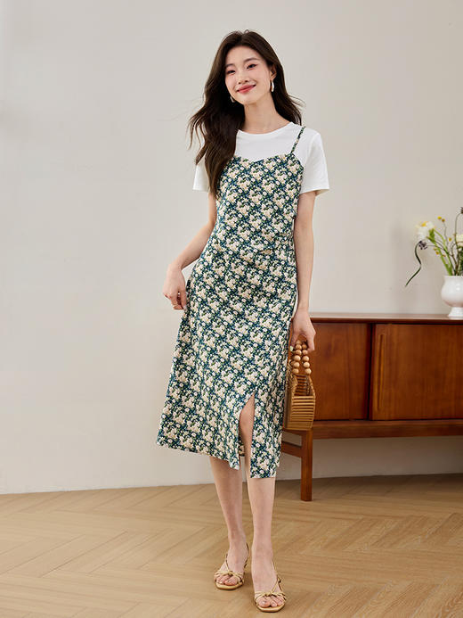 【专属特价】熙世界气质开叉碎花连衣裙2025夏天新款修身显瘦假两件吊带裙子 商品图4