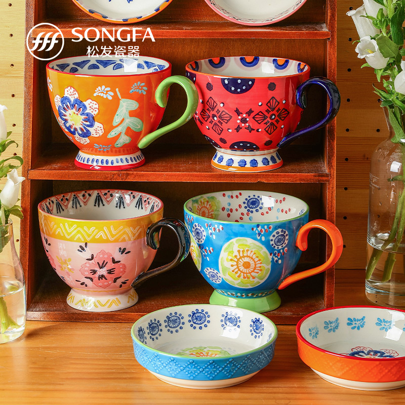 繁花手绘浮雕早餐盖杯