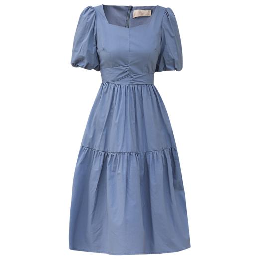 勿忘花蓝色纯棉泡泡袖连衣裙女夏2024夏季新款气质设计感显瘦裙子 商品图3