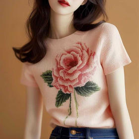 MZ16638玫瑰花朵印花针织短袖t恤修身显瘦上衣
