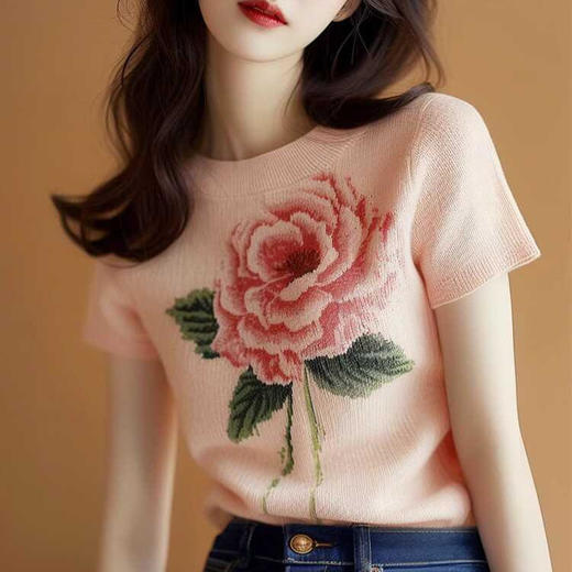 MZ16638玫瑰花朵印花针织短袖t恤修身显瘦上衣 商品图0
