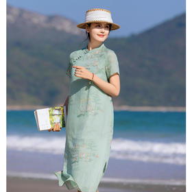 国风立领中袖短袖，苎麻刺绣中长款连衣裙HS-HY2102-16