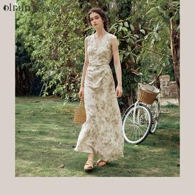 OLrain欧芮儿法式杏色连衣裙女夏季2024年新款收腰显瘦碎花中长裙