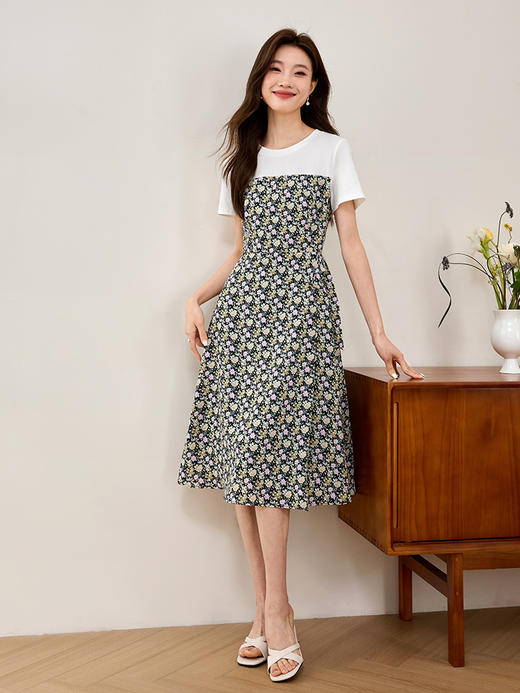 【专属特价】熙世界假两件拼接碎花连衣裙2025新款休闲圆领短袖气质夏季裙子 商品图4