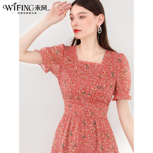 未风红色雪纺碎花连衣裙女夏2024年夏季新款女装气质法式收腰裙子 商品图2