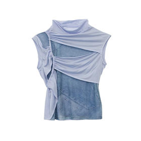 无袖抽褶镂空网纱T恤