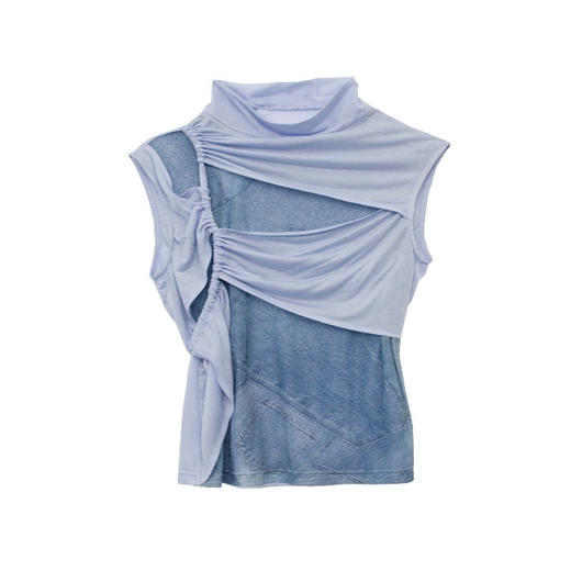 无袖抽褶镂空网纱T恤 商品图0