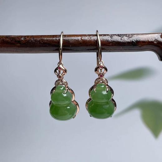 和田玉耳饰-玉美人菲菲*23110-18K碧玉葫芦耳坠 商品图0