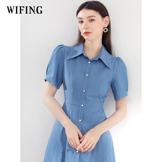 未风蓝色牛仔衬衫翻领连衣裙女夏2025夏季新款通勤泡泡袖显瘦裙子 商品图1