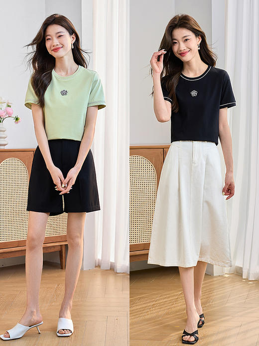 【五折购】熙世界薄荷绿正肩T恤短袖2025夏装新款银丝织带山茶花休闲上衣 商品图4