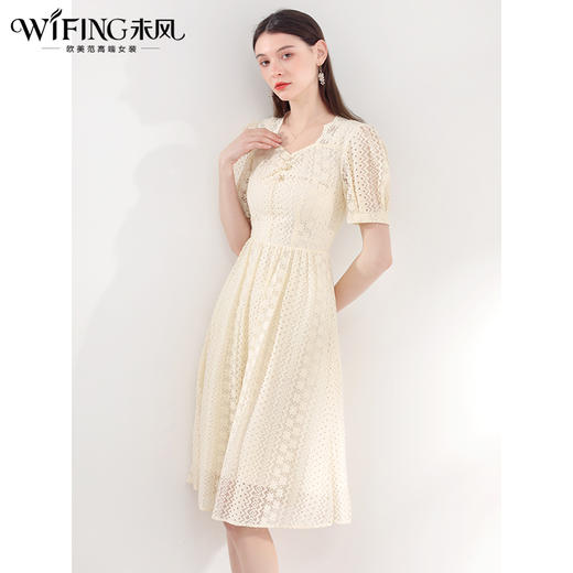 未风杏色重工蕾丝连衣裙女夏2024夏季新款女装气质泡泡袖显瘦裙子 商品图0