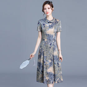 中式水墨画复古改良旗袍裙，中长款短袖连衣裙QYM-KED-6452-Y