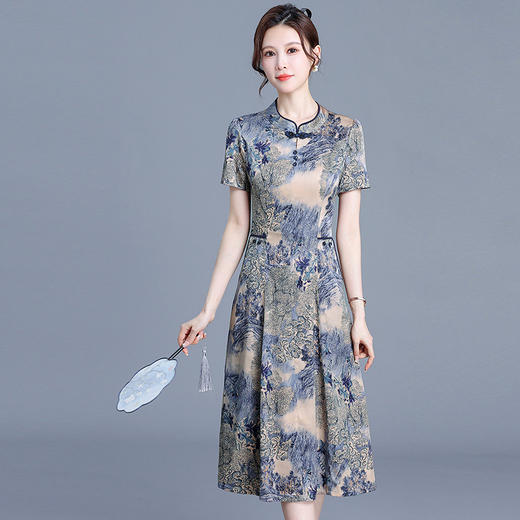 中式水墨画复古改良旗袍裙，中长款短袖连衣裙QYM-KED-6452-Y 商品图0