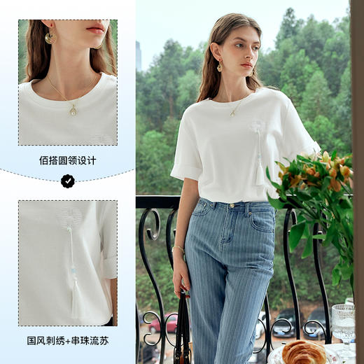 OLrain欧芮儿米白色短袖T恤女夏季2024年新款国风宽松刺绣上衣 商品图2
