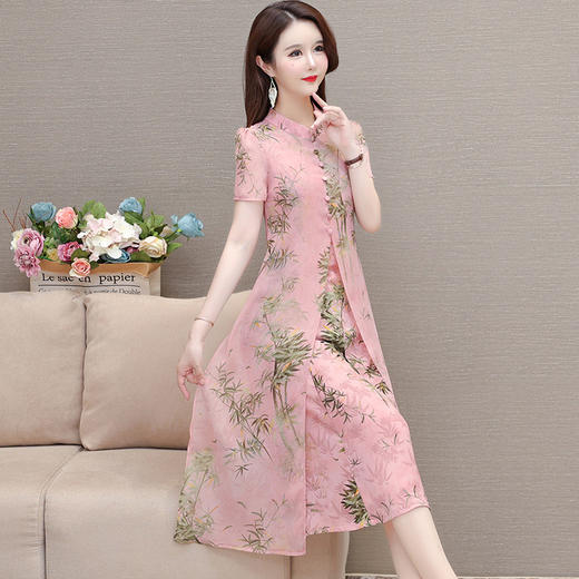 碎花中长款修身时尚雪纺裙，圆领短袖国风气质连衣裙QYM-OMS-CA4340-L 商品图2