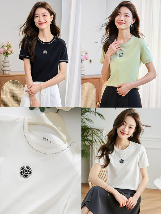 【五折购】熙世界薄荷绿正肩T恤短袖2025夏装新款银丝织带山茶花休闲上衣 商品图1