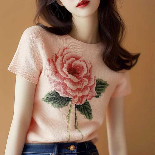 MZ16638玫瑰花朵印花针织短袖t恤修身显瘦上衣 商品图3