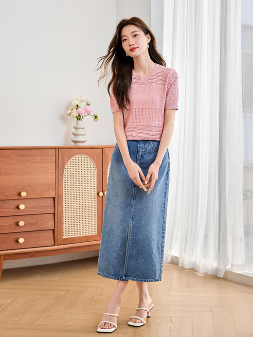 【专属特价】熙世界冰曲薄款镂空短袖针织衫夏季2025年新款宽松圆领粉色上衣 商品图2