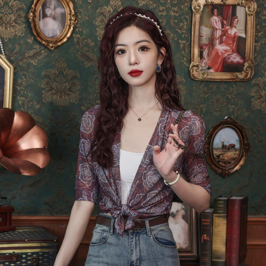 KQL E001M6984网纱印花开衫披肩防晒衣系带空调衫 商品图1