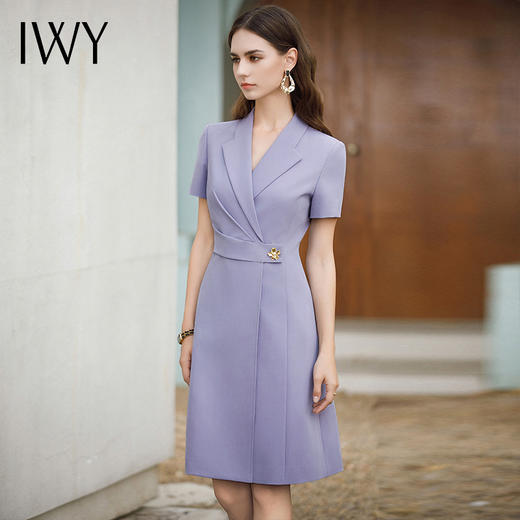 IWY/紫色职业通勤连衣裙女夏季新款短袖收腰显瘦OL正装裙子 Q1091 商品图2