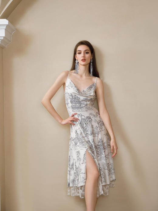 白色洛神赋手绘印花修身荡领连衣裙 商品图2