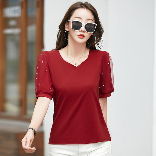 雀说新款夏季短袖纯色v领t恤宽松外穿时尚女AL82327 商品图2