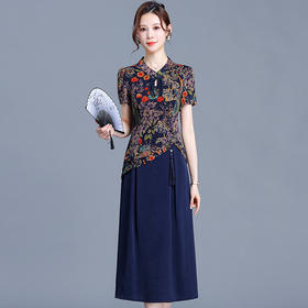 洋气假两件印花连衣裙，中长款拼结中式复古连衣裙QYM-KED-H1779-Y