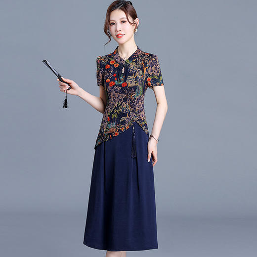 洋气假两件印花连衣裙，中长款拼结中式复古连衣裙QYM-KED-H1779-Y 商品图1