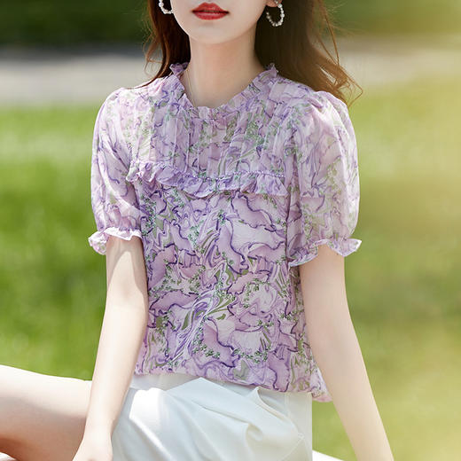 法式优雅木耳领印花小衫百搭减龄AHM-dtyx2201 商品图0