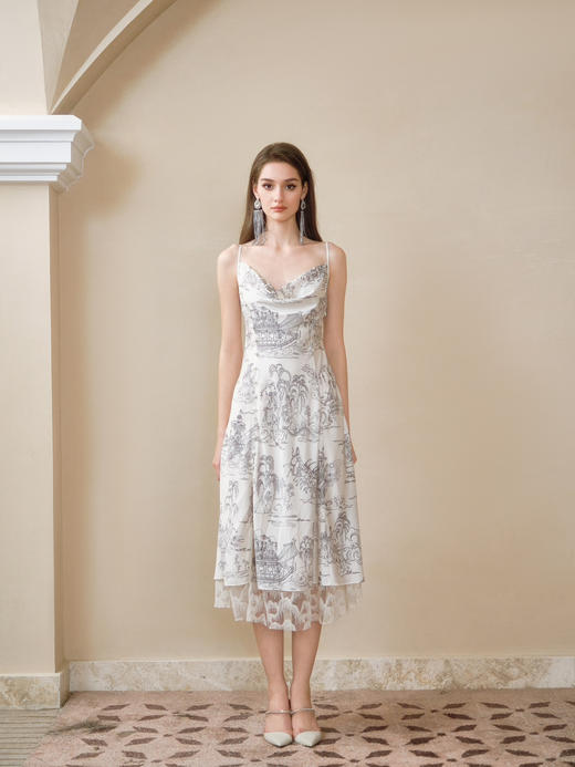 白色洛神赋手绘印花修身荡领连衣裙 商品图1