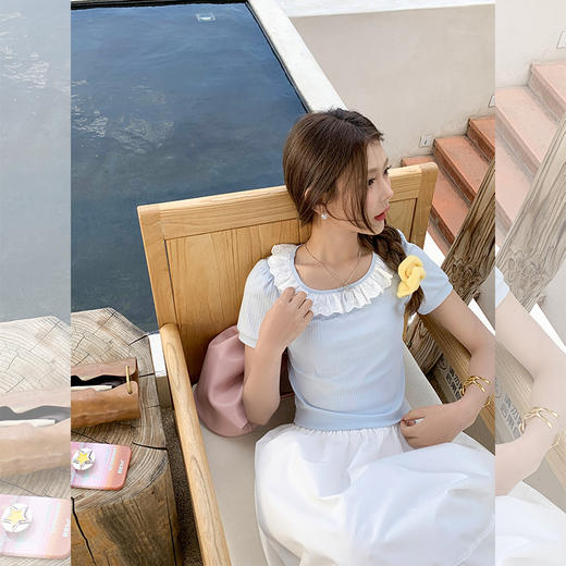 <曾小咸推荐> 【蓝果奶昔】蓝色领口蕾丝拼接上衣 商品图3