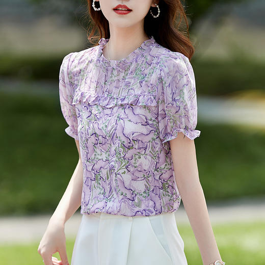 法式优雅木耳领印花小衫百搭减龄AHM-dtyx2201 商品图1