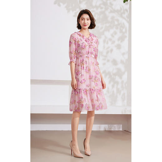 乔万尼夏季新品100%桑蚕丝印花乔其收腰真丝连衣裙EM2E840 商品图3