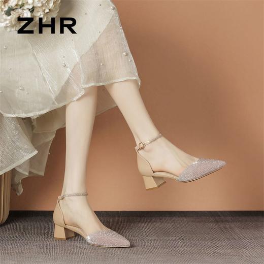 ZHR则则水钻包头凉鞋女2024夏季新款ins尖头单鞋一字高跟鞋配裙子 商品图9