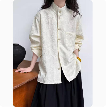 雀说新中式国风复古肌理感刺绣提花立领唐装通勤衬衫上衣AL6352 商品图1