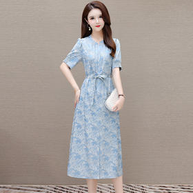 印花系带收腰显瘦，圆领短袖通勤气质A字裙QYM-XQD-7B2430-L