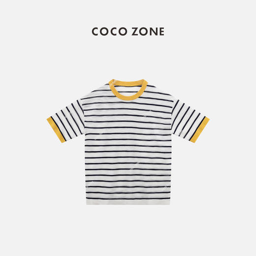 COCO ZONE"橘色气泡水”夏季薄款时尚条纹针织衫女短袖圆领百搭上衣CC1B1152 商品图0