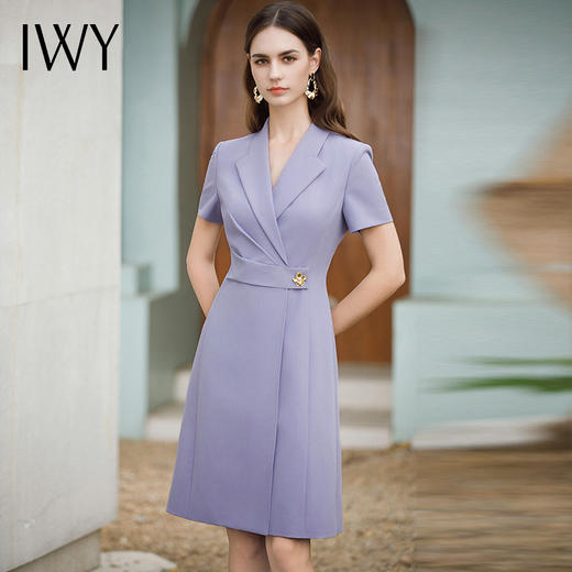 IWY/紫色职业通勤连衣裙女夏季新款短袖收腰显瘦OL正装裙子 Q1091 商品图1