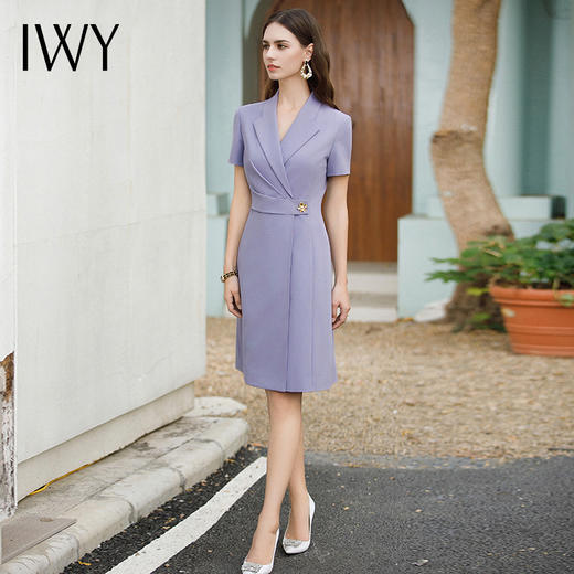 IWY/紫色职业通勤连衣裙女夏季新款短袖收腰显瘦OL正装裙子 Q1091 商品图4