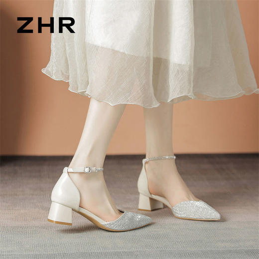 ZHR则则水钻包头凉鞋女2024夏季新款ins尖头单鞋一字高跟鞋配裙子 商品图6