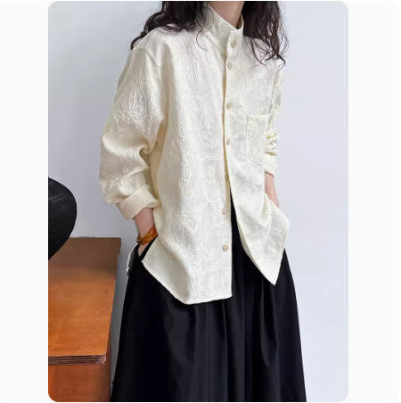 雀说新中式国风复古肌理感刺绣提花立领唐装通勤衬衫上衣AL6352 商品图0