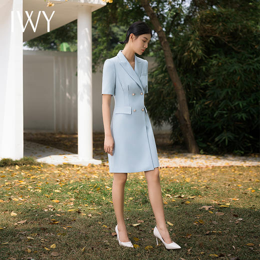 IWY/蓝色西装连衣裙夏季短袖修身气质设计感美容院主持人ol工装裙Q14241 商品图4