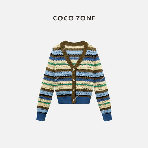 COCO ZONE"夏季多巴胺”夏季撞色镂空针织开衫高级感条纹V领长袖上衣CC1B1119 商品图0