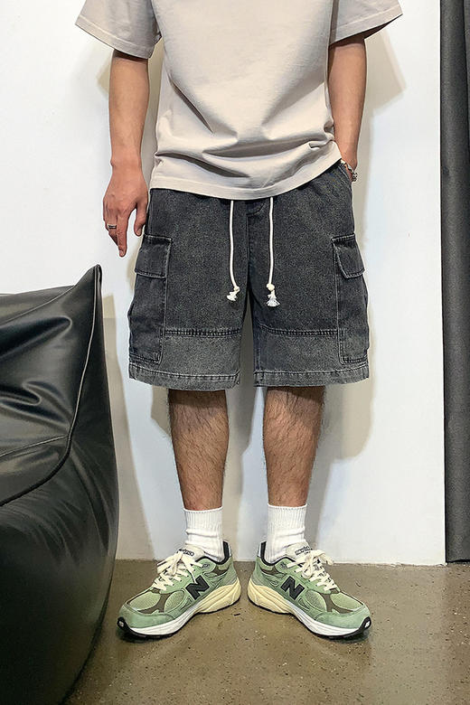 徐太浪380g重磅大口袋水洗牛仔短裤男夏季宽松直筒阔腿黑色五分裤 商品图4