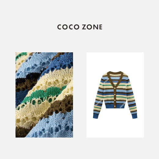 COCO ZONE"夏季多巴胺”夏季撞色镂空针织开衫高级感条纹V领长袖上衣CC1B1119 商品图2