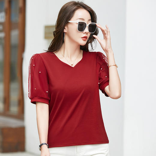 雀说新款夏季短袖纯色v领t恤宽松外穿时尚女AL82327 商品图3