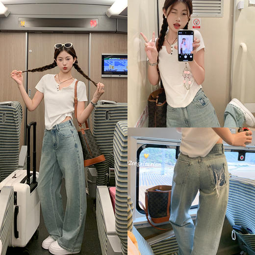 <曾小咸推荐>【轻松凹造型】屁股口袋蝴蝶设计牛仔裤 商品图1