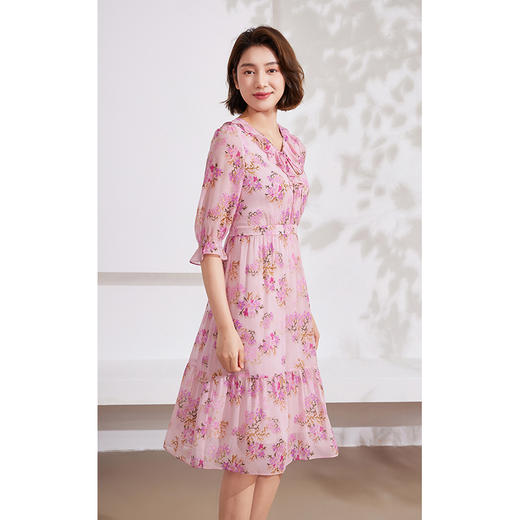 乔万尼夏季新品100%桑蚕丝印花乔其收腰真丝连衣裙EM2E840 商品图1