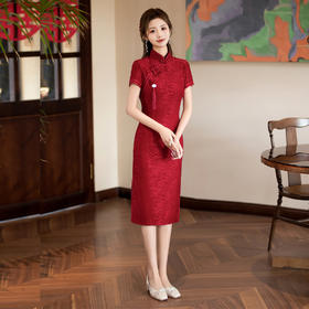 SKY25红蕾丝回娘家旗袍2024夏季新款复古中国风喜妈妈大码中式短袖旗袍