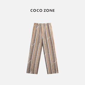 COCO ZONE"卡罗琳“100亚麻竖条纹松紧腰系带休闲裤简约直筒裤CC1B0830
